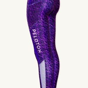 Purple Cheetah Peloton Leggings with sheer side pockets.